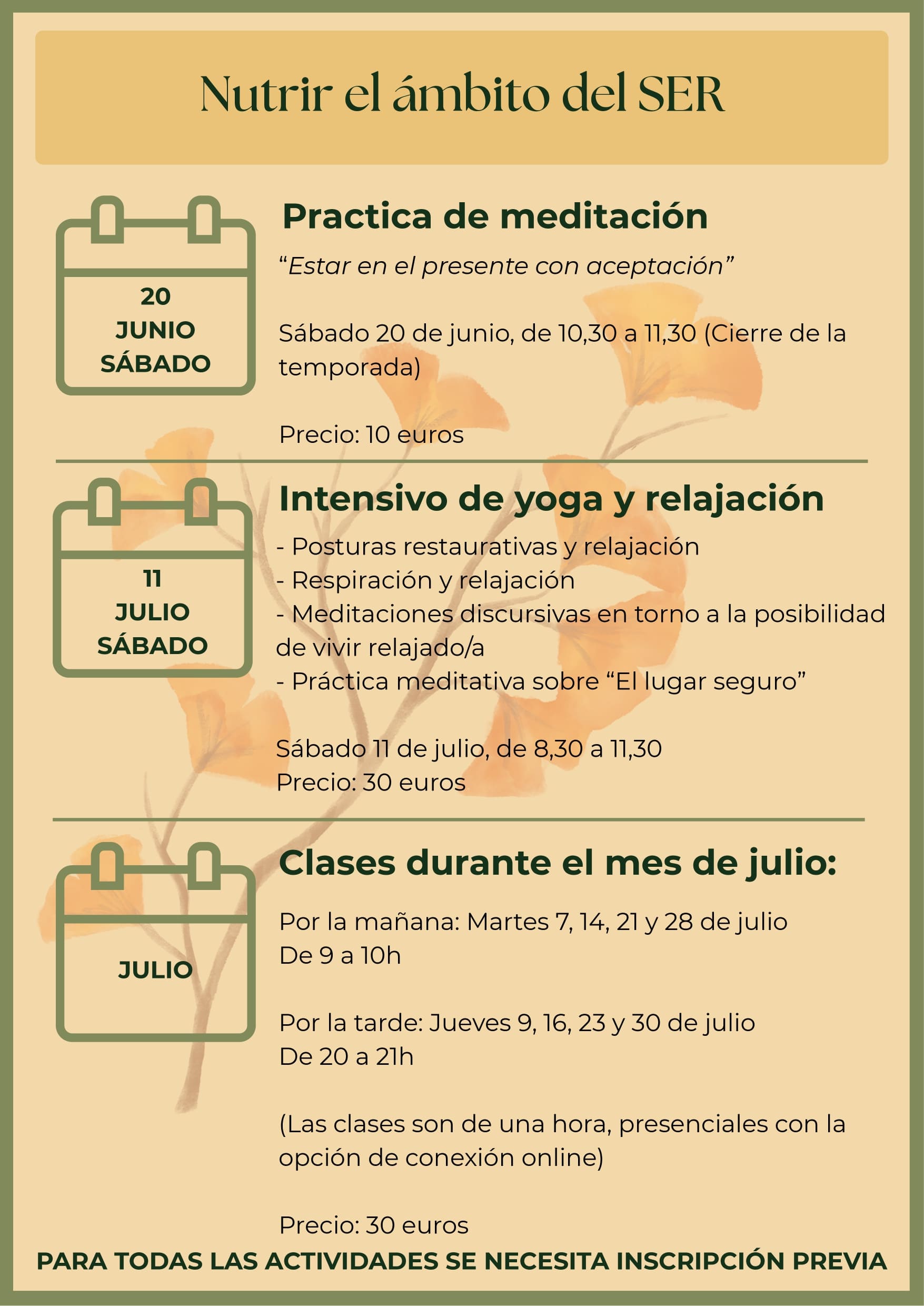 Cartel de actividades de yoga de julio de 2026